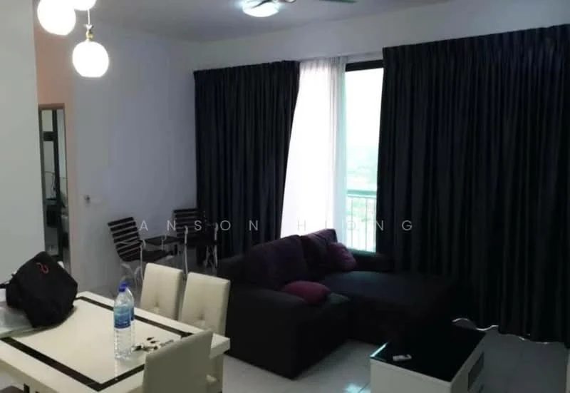 Living features: 3-seater fabric sofa in dark purple, white walls, floor-to-ceiling windows, blackout curtains, ceiling fan, dining table for 4 with upholstered chairs, glass coffee table, tile flooring, decorative wall art, water bottle on table; style: modern; view: city.