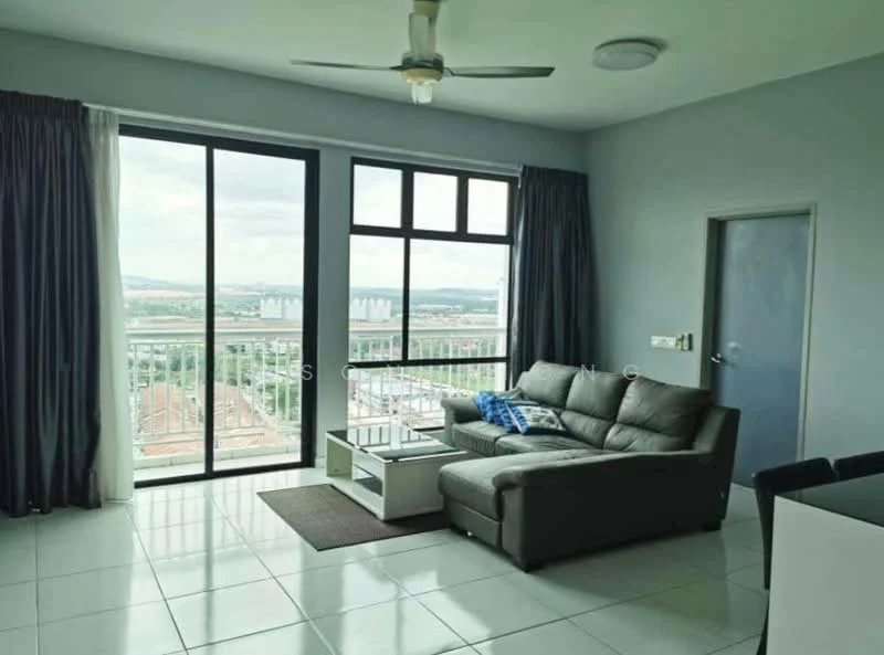 Living features: 3-seater fabric sofa in grey, coffee table, area rug, floor-to-ceiling windows, sliding glass door, curtains in dark grey, white walls, recessed downlights, ceiling fan; style: modern; view: city.
