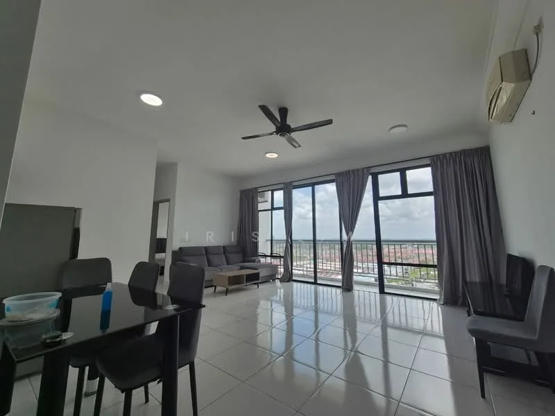 Living features: floor-to-ceiling windows, grey curtains, 3-blade ceiling fan, white walls, white tiled flooring, sofa, coffee table, TV console, dining table with 4 chairs, air conditioning unit; style: modern; view: city.