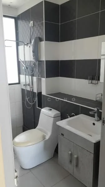 Bathroom features: white one-piece toilet, single-sink vanity with grey cabinet, chrome basin mixer faucet, walk-in shower with glass enclosure, rain shower head, handheld shower, black and white tile cladding, mirror above vanity, wall-mounted shower controls, window for natural light; style: modern.