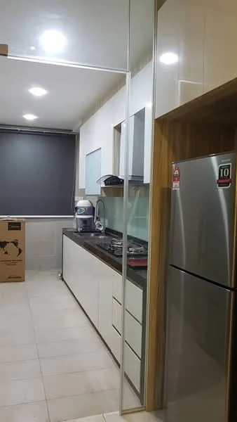 Kitchen features: white cabinetry, dark granite countertop, stainless-steel fridge, built-in gas stove, exhaust hood, double-bowl stainless-steel sink, wall-mounted cabinets, tile flooring, recessed downlights, black roller blinds; style: modern.