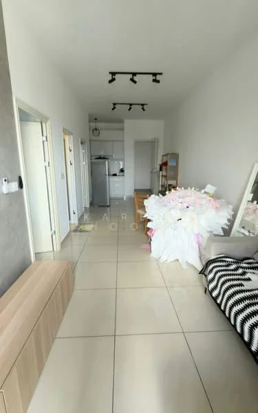 Room features: white painted walls, grey accent wall, tile flooring, track lighting, refrigerator, kitchen cabinets, dining table, decorative mirror, sofa, bed with decorative bedding; style: modern.