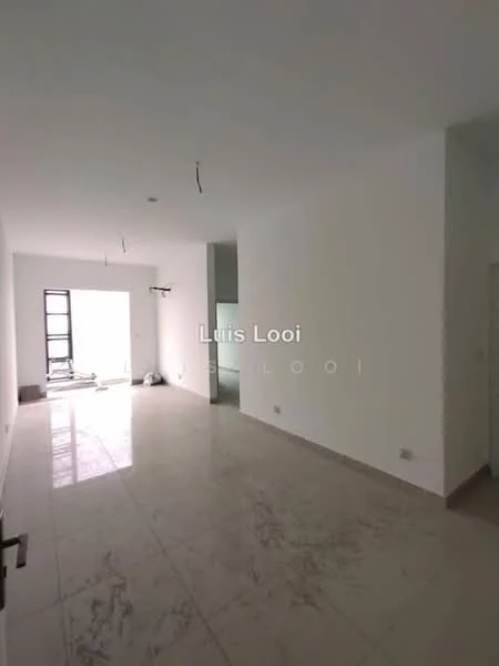 Room features: white painted walls, marble tile flooring, large windows, natural light, ceiling lights, open layout, no visible furniture, neutral color scheme; style: modern.