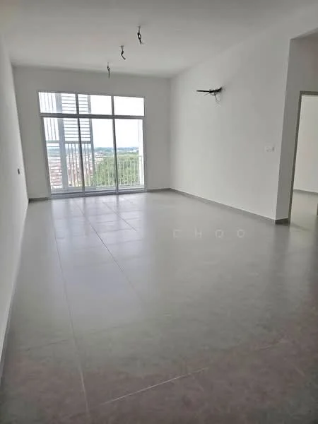 Living features: white painted walls, grey ceramic tile flooring, floor-to-ceiling windows, balcony access, city view, recessed downlights, 1 wall-mounted split AC, no visible furniture; style: modern; view: city.