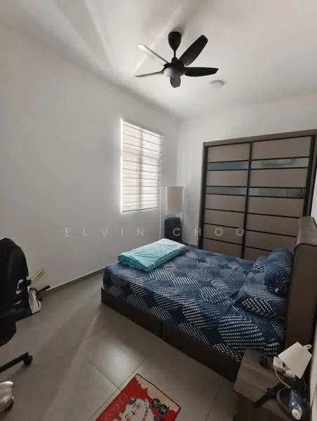 Bedroom features: queen-size bed with patterned bedding, upholstered headboard, wooden wardrobe with sliding doors, desk with chair, lampshade on bedside table, window with horizontal blinds, grey tiled flooring, ceiling fan with light; style: modern.