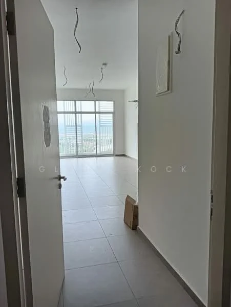 Room features: white painted walls, grey tile flooring, floor-to-ceiling windows, city view, hanging light fixtures, open layout, minimalist decor; style: modern; view: city.