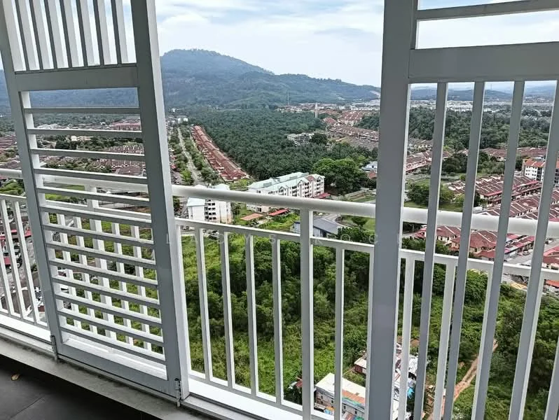 Room features: balcony with railing, floor-to-ceiling sliding doors, mountain view, city view, greenery view, concrete flooring, white painted walls, horizontal slatted panels; style: modern; view: mountain.