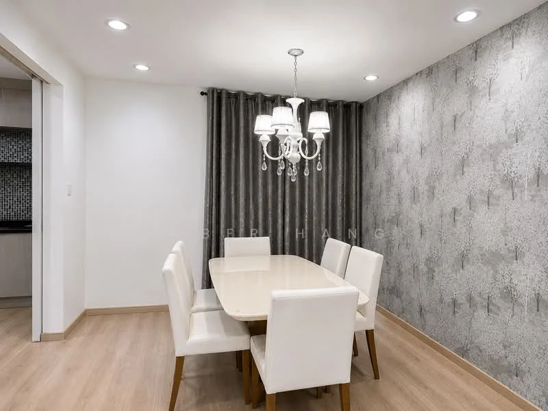 Dining features: 6-seater dining table, white upholstered dining chairs, chandelier with five lights, grey patterned wallpaper, white painted walls, wooden flooring, recessed ceiling lights, floor-to-ceiling curtains; style: modern.