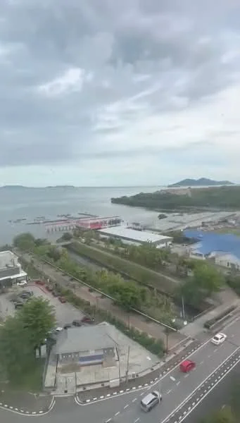 Exterior features: waterfront view, city skyline in background, road with white lane markings, green landscaping, marina with boats, hills in distance, overcast sky.