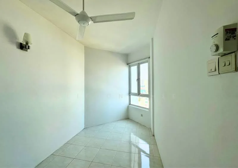 Room features: white painted walls, glossy ceramic tile flooring, ceiling fan, floor-to-ceiling window, window with city view, light switch panel, air conditioning unit, corner layout; style: minimalist; view: city.