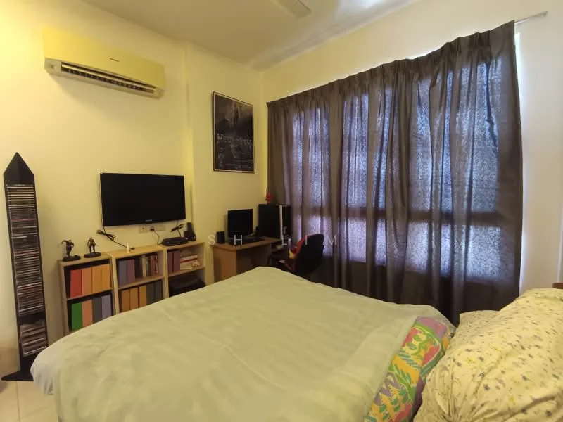 Bedroom features: queen-size bed with grey bedding, upholstered headboard, wooden bedside table, wall-mounted TV, blackout curtains, floor-to-ceiling window, 1 wall-mounted split AC, built-in wardrobe, computer desk with monitor, bookshelf with colorful storage boxes, decorative wall art, laminate flooring; style: modern.