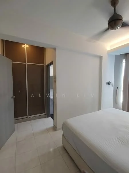 Bedroom features: white painted walls, tile flooring, ceiling fan, built-in wardrobe with sliding doors, window with sheer curtains, queen-size bed base, light fixture, neutral color scheme; style: modern.