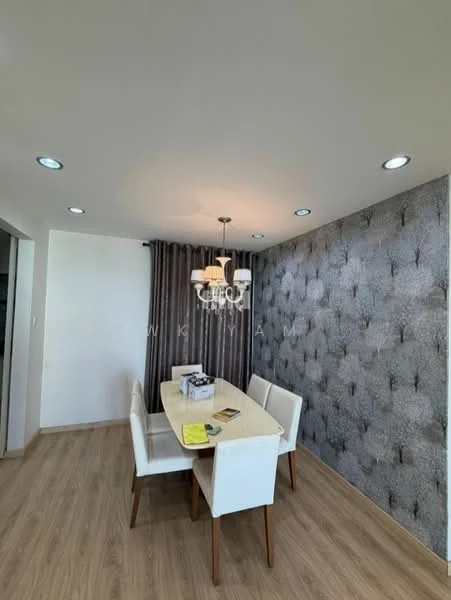 Dining features: white dining table, 4 upholstered dining chairs, chandelier light fixture, recessed LED downlights, grey wallpaper with floral pattern, wooden flooring, floor-to-ceiling curtains, decorative wall paneling; style: modern.
