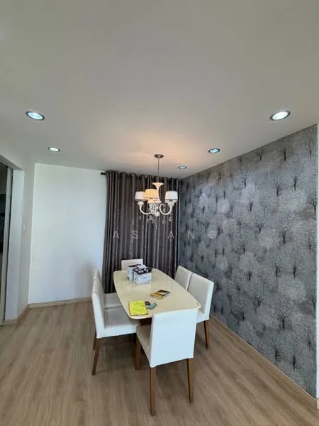 Dining features: rectangular dining table with white surface, 4 upholstered dining chairs in white, chandelier light fixture, recessed LED downlights, feature wallpaper with geometric pattern, light wood flooring, curtains in grey fabric, wall-mounted decor; style: modern.