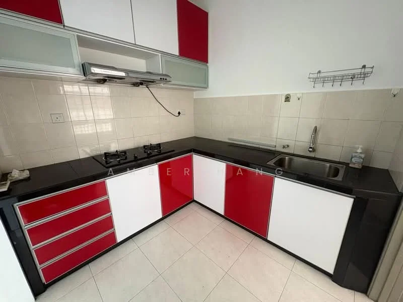 Kitchen features: black granite countertop, red and white cabinetry, stainless-steel sink, chrome faucet, 2-burner gas hob, built-in range hood, wall-mounted storage rack, white tiled backsplash, ceramic tile flooring, under-cabinet lighting; style: modern.