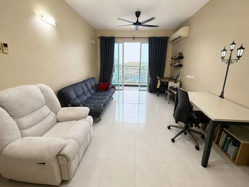 Living features: 2-seater fabric sofa in cream, 3-seater fabric sofa in dark grey, ceiling fan with light, floor-to-ceiling windows, sliding glass door, curtains in dark grey, white painted walls, glossy tile flooring, study desk with chair, wall-mounted lamp post decor; style: modern; view: city.