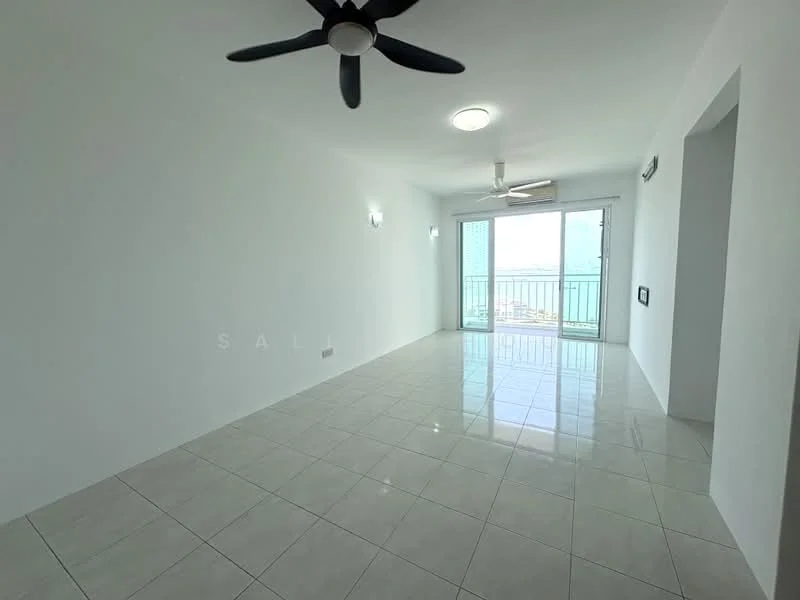 Living features: white painted walls, glossy ceramic tile flooring, 5-blade ceiling fan, recessed downlights, floor-to-ceiling sliding glass door, balcony access, city view, wall-mounted air conditioning unit; style: modern; view: city.