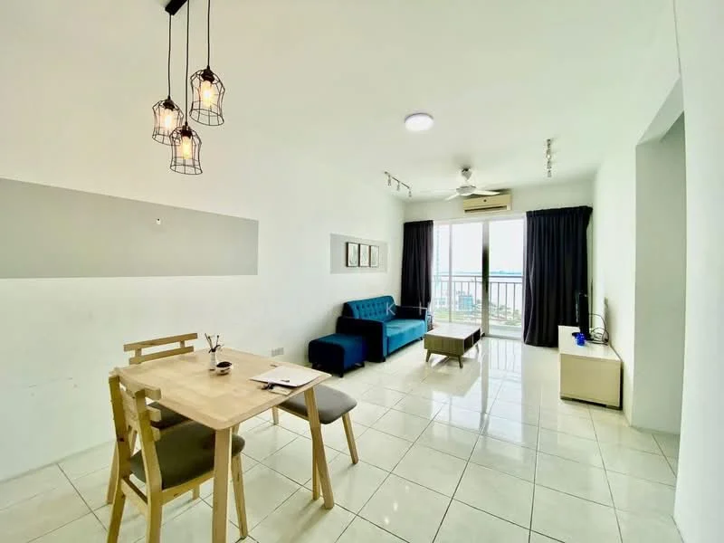 Living features: white painted walls, glossy tile flooring, 5-blade ceiling fan, sofa in blue fabric, dining table with 4 wooden chairs, pendant lighting with wire cage design, floor-to-ceiling windows, blackout curtains, TV console, wall-mounted TV, decorative wall art; style: modern; view: city.