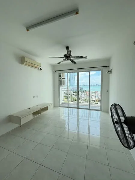 Living features: white painted walls, glossy white tile flooring, 5-blade ceiling fan with light, wall-mounted air conditioning unit, sliding glass door, floor-to-ceiling windows, balcony access, built-in TV console; style: modern; view: city.
