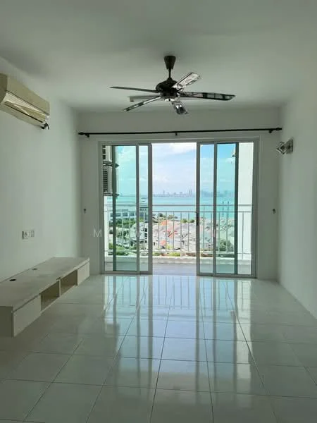 Living features: white painted walls, glossy ceramic tile flooring, 5-blade ceiling fan with light, floor-to-ceiling sliding glass door, balcony with sea view, air conditioning unit, built-in TV console, natural light from large windows; style: modern; view: sea.