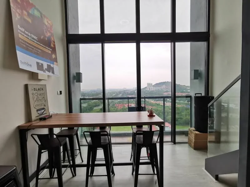 Dining features: wooden dining table, black bar stools, floor-to-ceiling windows, city view, concrete flooring, wall-mounted artwork, decorative wall sign, glass railing, staircase with metal railing; style: modern; view: city.