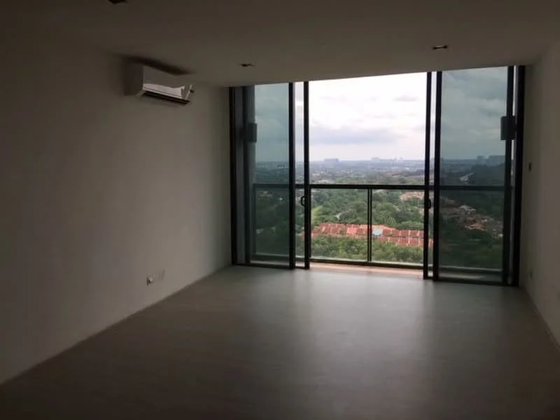 Living features: floor-to-ceiling windows, sliding glass door, white painted walls, light-colored flooring, 1 wall-mounted split AC, city view, recessed downlights; style: modern; view: city.