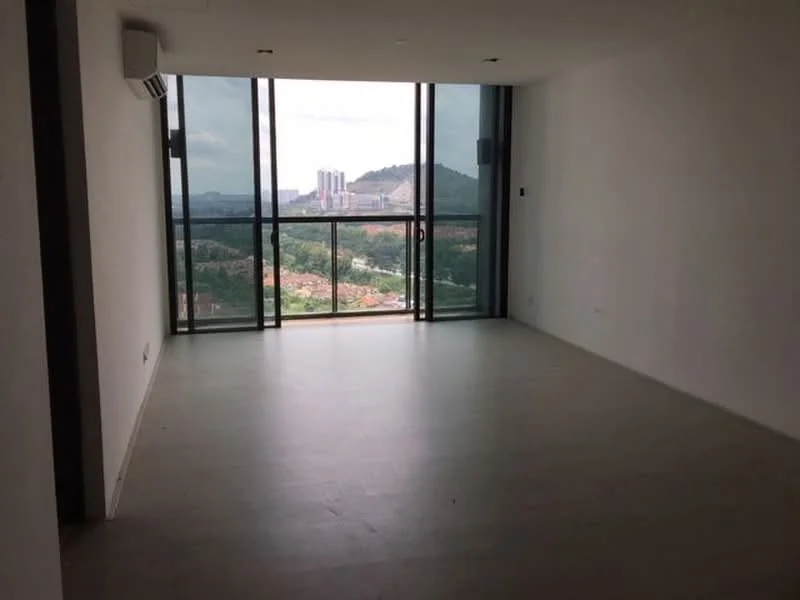 Living features: floor-to-ceiling windows, white painted walls, light-colored flooring, 1 wall-mounted split AC, city view, open layout, no visible furniture, natural light; style: modern; view: city.