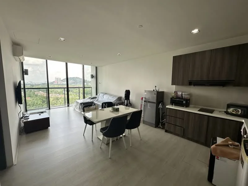 Living features: floor-to-ceiling windows, grey fabric sofa, TV console, wall-mounted TV, dining table for 4, white dining chairs, wooden flooring, refrigerator, built-in kitchen cabinets, stainless-steel sink, countertop, microwave, kettle; style: modern; view: city.