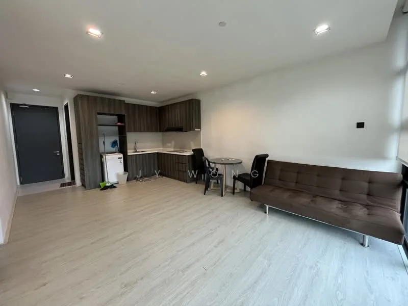 Living features: laminate flooring, white painted walls, recessed downlights, sofa bed in brown fabric, round dining table, 4 black dining chairs, kitchenette with dark wood cabinetry, stainless-steel sink, built-in stove, white refrigerator, washing machine, open layout, floor-to-ceiling windows, door leading to hallway; style: modern.