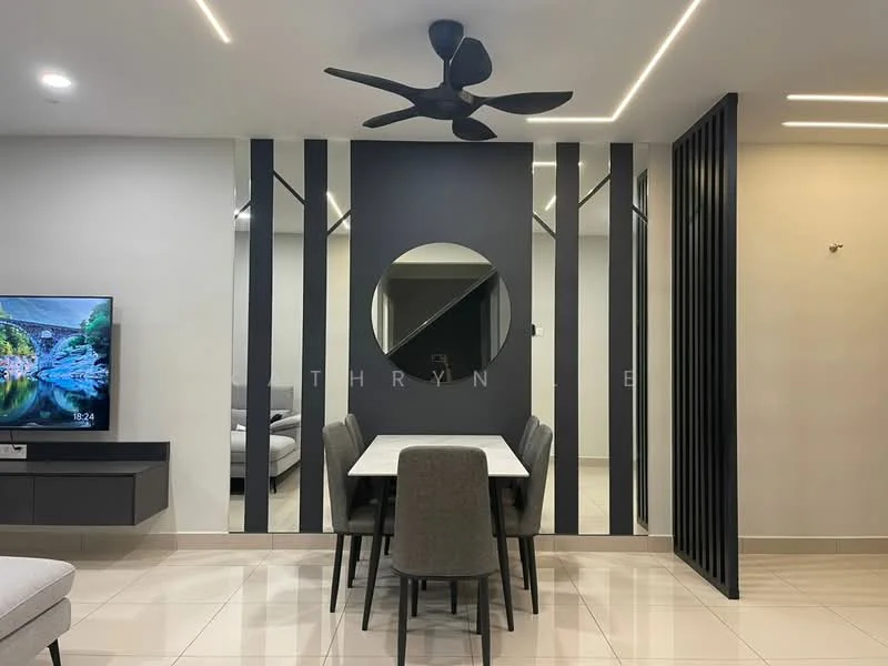 Dining features: 4-seater dining table, grey upholstered dining chairs, black ceiling fan with light, wall-mounted TV, white walls, grey accent wall, recessed lighting, tile flooring, decorative mirror, open layout with living area visible; style: modern.