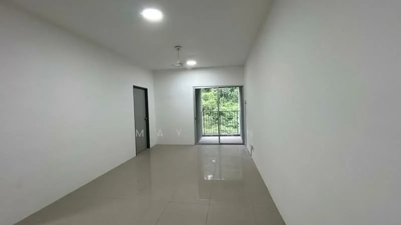 Room features: white painted walls, glossy tile flooring, ceiling lights, sliding glass door, balcony access, ceiling fan, neutral decor; style: modern; view: garden.