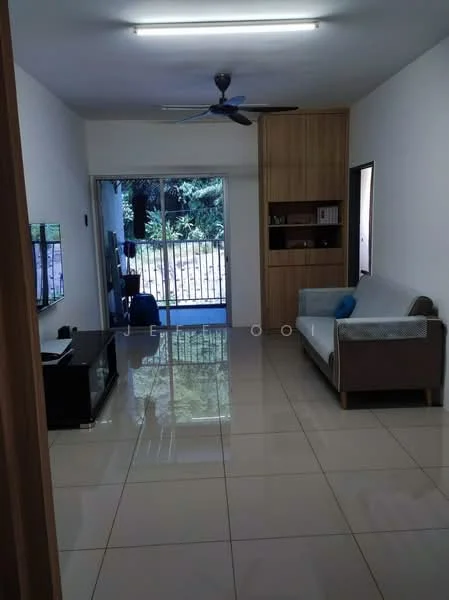 Living features: white painted walls, glossy tile flooring, 5-blade ceiling fan, sofa with light upholstery, coffee table, TV console, wall-mounted TV, built-in shelving unit, sliding glass door, curtains, natural light from sliding door, view of outdoor greenery; style: modern; view: garden.