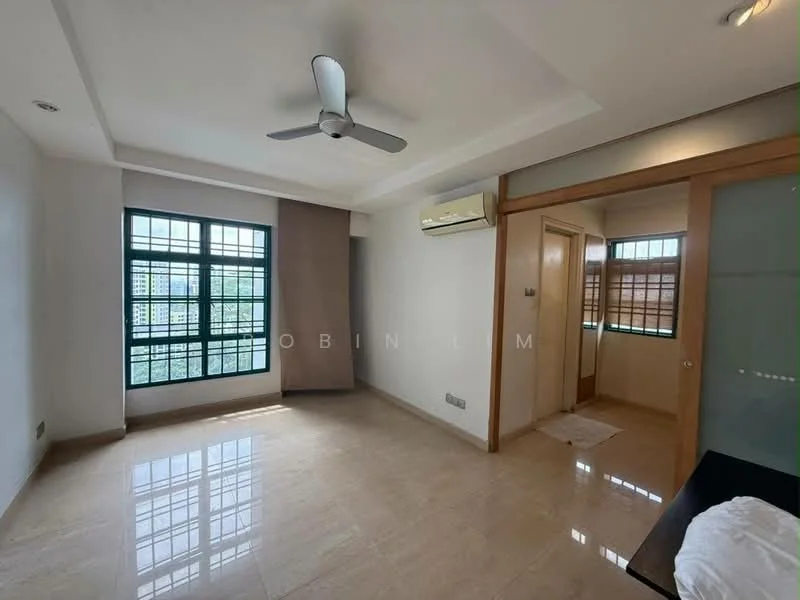 Room features: cream painted walls, marble tile flooring, 5-blade ceiling fan, wall-mounted split AC, floor-to-ceiling windows, window treatments with sheer curtains, light from windows creating reflections on the floor, wooden door frame, glass panel door, neutral color scheme; style: modern; view: city.