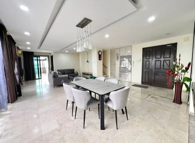Living features: marble tile flooring, white painted walls, tray ceiling with recessed lighting, floor-to-ceiling windows, sliding glass door, grey fabric sofa, dining table with 6 upholstered chairs, wall clock, decorative plants, curtains, entrance door, wall-mounted decorative piece; style: modern; view: garden.
