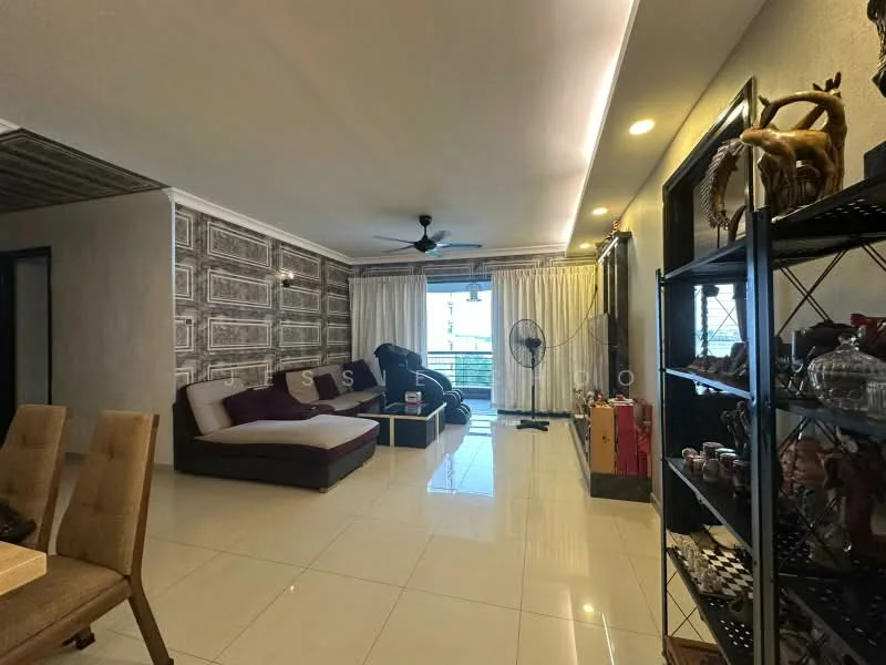 Living features: white painted walls, grey accent wall with decorative pattern, polished ceramic tile flooring, 5-blade ceiling fan, sofa with chaise lounge in white and brown, coffee table, TV console, floor-to-ceiling windows with sheer curtains, decorative shelving unit, area rug, wall-mounted decorative items; style: modern; view: city.