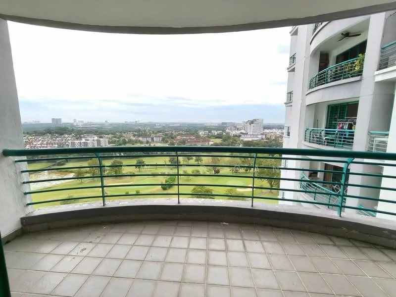Balcony features: curved balcony, metal railing, tile flooring, view of green landscape, view of city skyline, overhead cover; view: garden.