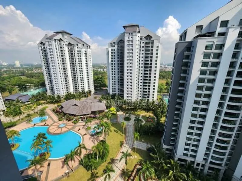 Exterior type: high-rise condominium; features: multiple high-rise buildings, swimming pool with curved edges, landscaped garden with palm trees, pool deck with loungers, children's playground, manicured lawns, walking paths, outdoor dining pavilion, water features, lush greenery surrounding the buildings; style: modern.