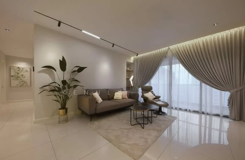Living features: grey fabric sofa, round coffee table, area rug, floor-to-ceiling windows, sheer curtains, recessed downlights, decorative plant in pot, light-colored walls, glossy tile flooring; style: modern.