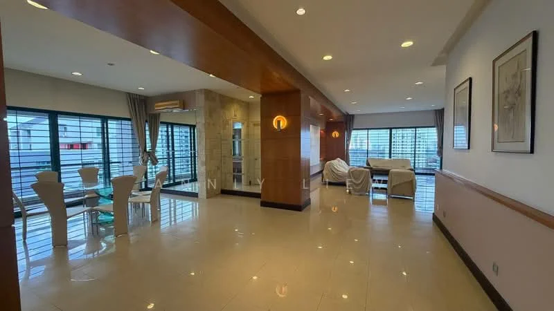 Living features: large windows with horizontal slats, cream painted walls, marble tile flooring, recessed downlights, ceiling-mounted air conditioning unit, decorative wall paneling, neutral-colored sofa, glass dining table with white chairs, area rug, wall-mounted artwork; style: modern; view: city.