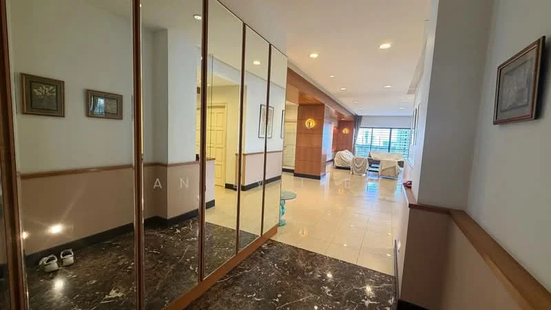 Room features: marble flooring, mirrored wardrobe, recessed downlights, white painted walls, wood paneling, large windows, decorative wall art, open layout, seating area, neutral color scheme; style: modern.