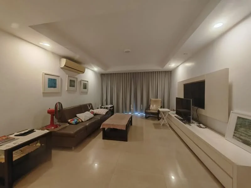 Living features: cream painted walls, recessed downlights, floor-to-ceiling windows with sheer curtains, 3-seater fabric sofa in brown, coffee table, TV console, wall-mounted TV, area rug, air conditioning unit, decorative artwork on walls, light-colored flooring, side chair; style: modern.