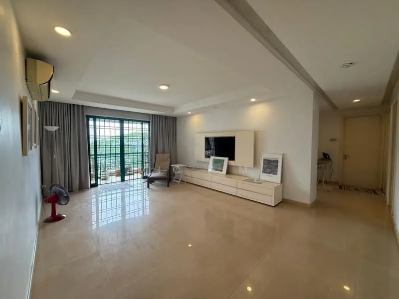 Living features: cream painted walls, marble tile flooring, recessed downlights, wall-mounted TV, white TV console, large sliding glass door, floor-to-ceiling windows, grey curtains, air conditioning unit, decorative chair, decorative artwork; style: modern; view: city.