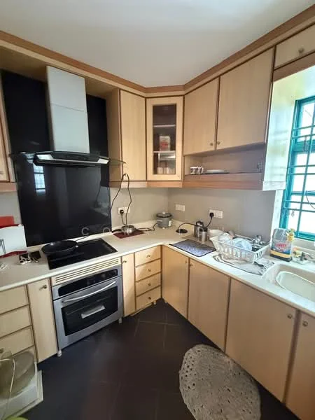 Kitchen features: wood cabinetry, black glass backsplash, stainless-steel built-in oven, 4-burner gas hob, stainless-steel range hood, single-bowl sink, chrome pull-down faucet, countertop with integrated workspace, tile flooring, window with green metal grille, open shelving, kitchen utensils visible; style: modern.