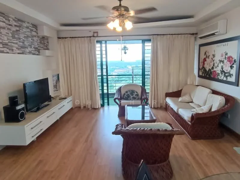 Living features: wooden flooring, cream painted walls, stone accent wall, sofa with white upholstery, glass coffee table, TV console with built-in storage, wall-mounted TV, ceiling fan with light, floor-to-ceiling windows, sheer curtains, decorative wall art, open view, air conditioning unit; style: modern; view: city.