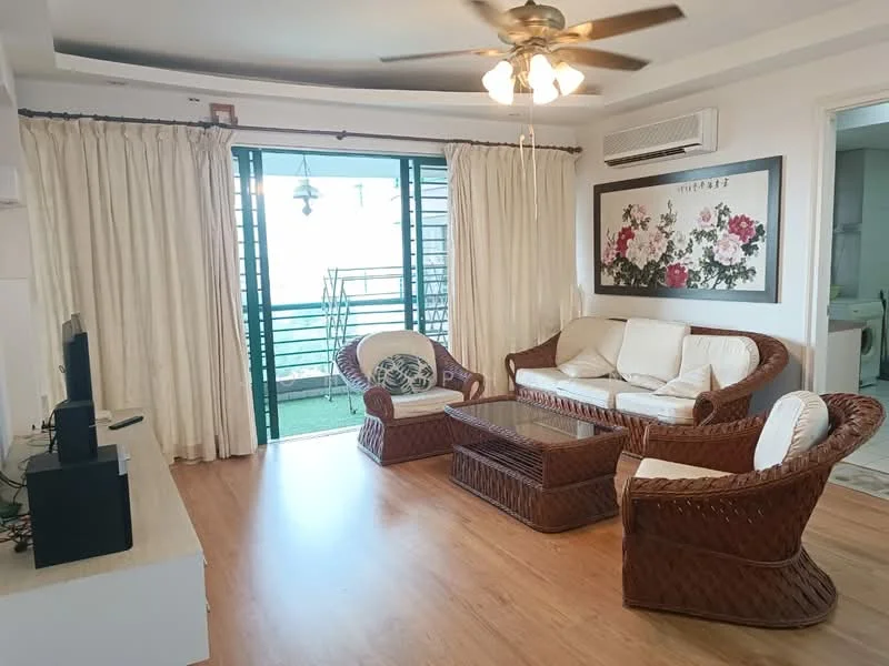 Living features: 3-seater white leather sofa, 2 wicker armchairs, glass coffee table, ceiling fan with light, wall-mounted air conditioning unit, curtains, wooden flooring, decorative wall art with floral pattern, floor-to-ceiling windows, greenery view from window; style: modern; view: garden.