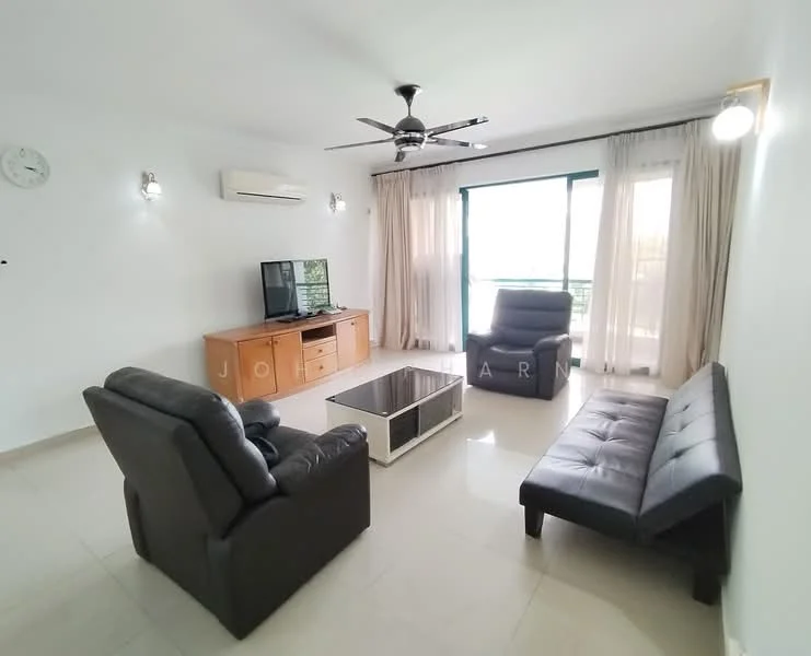 Living features: 2-seater leather sofa in black, 3-seater fabric sofa in grey, glass coffee table with wooden base, wall-mounted TV, ceiling fan with light, air conditioning unit, floor-to-ceiling windows, sheer curtains, tile flooring, wall clock, decorative wall sconces; style: modern; view: garden.