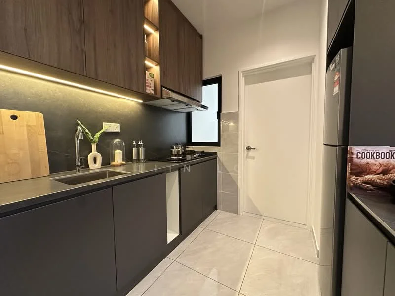 Kitchen features: black cabinetry, wooden upper cabinets, black countertop, stainless-steel sink, chrome pull-down faucet, built-in stove, exhaust hood, tile backsplash, grey tile flooring, recessed LED downlights, window for natural light, kitchen utensils on countertop, cutting board, decorative plant; style: modern.