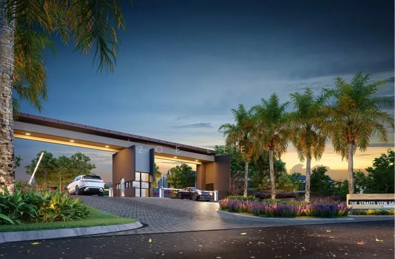 Exterior type: main entrance gate; features: modern entrance gate, paved driveway, landscaped garden with palm trees, flower beds with colorful plants, security guard house, two parked cars, lighting fixtures, surrounding greenery; style: modern.