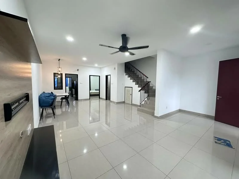 Living features: glossy tile flooring, white painted walls, recessed downlights, 5-blade ceiling fan, large windows, open layout, wall-mounted TV console, decorative wall paneling, dining area with table and chairs, staircase leading to upper floor, doorway to other rooms; style: modern.