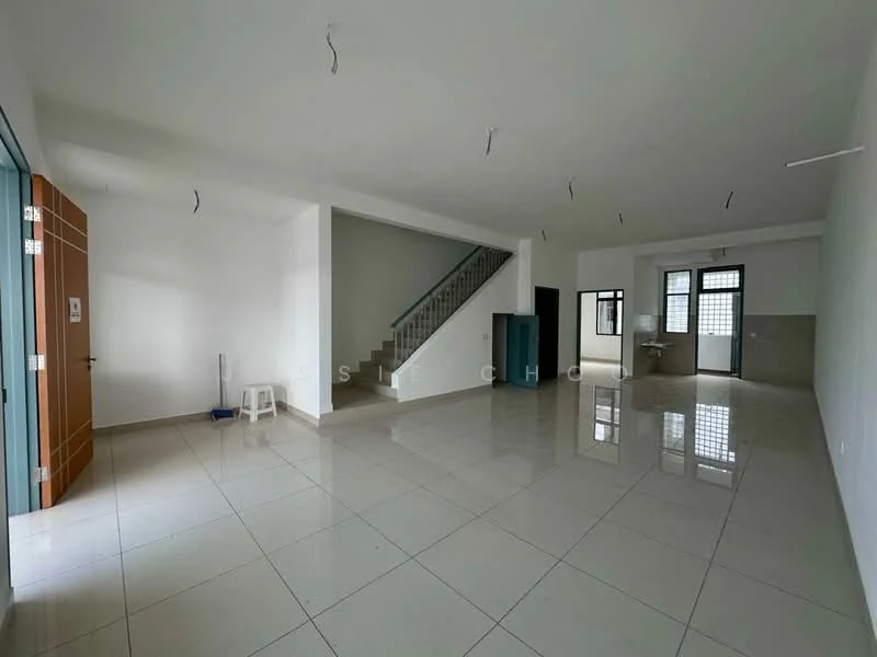 Living features: white painted walls, glossy ceramic tile flooring, large windows, staircase, open layout, ceiling lights, neutral color scheme, corner for potential furniture placement; style: modern. Room features: white painted walls, glossy ceramic tile flooring, large windows, neutral color scheme.
